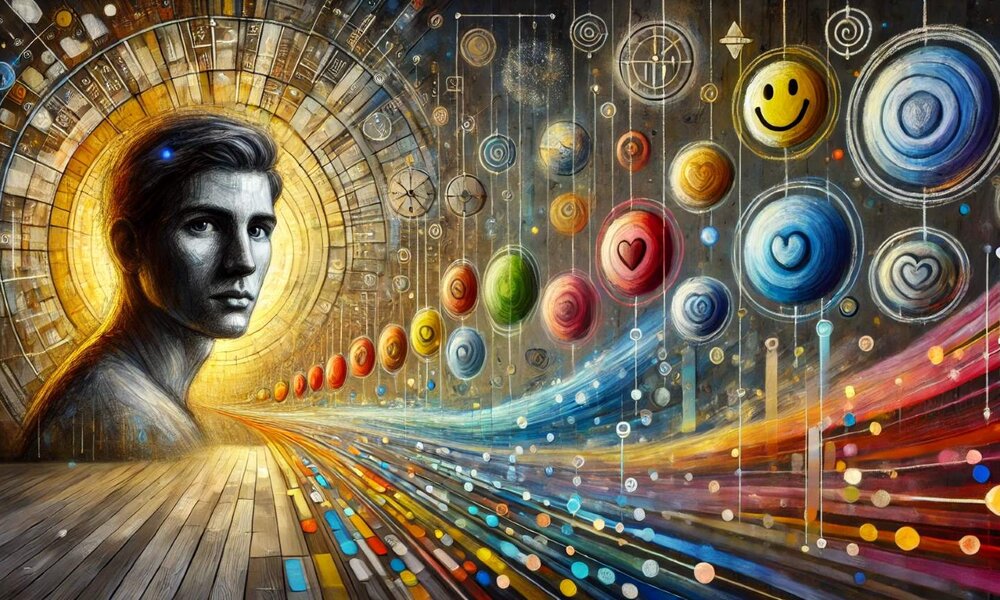 Ein abstraktes Kunstwerk zeigt das Porträt eines Mannes vor spiralförmigen Lichtbögen, die in bunte, schwebende Kreise mit Herzen und Smileys übergehen. | © Sabrina Forst / KI generiert