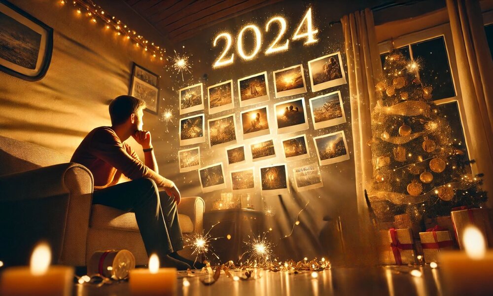 Ein Raum mit funkelndem Weihnachtsbaum, goldener Deko und einem Mann auf dem Sofa, der auf eine Wand mit Fotos und dem Schriftzug „2024“ blickt. | © Sabrina Forst / KI generiert