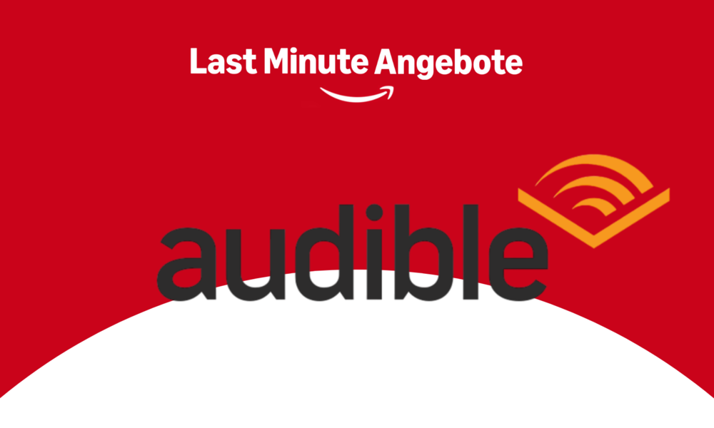 Audible-Logo mit stilisiertem orangenem Buchsymbol und schwarzem Schriftzug, darüber „Last Minute Angebote“ mit dem Amazon-Logo auf rotem Hintergrund. | © Amazon