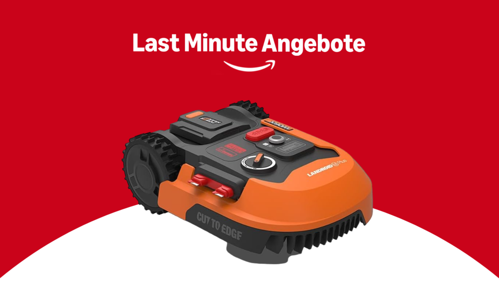 Der Schriftzug „Last Minute Angebote“ mit Amazon-Logo, Der kompakte, orange Mähroboter WORX Landroid Plus auf zweifarbigem Hintergrund. | © Amazon/WORX