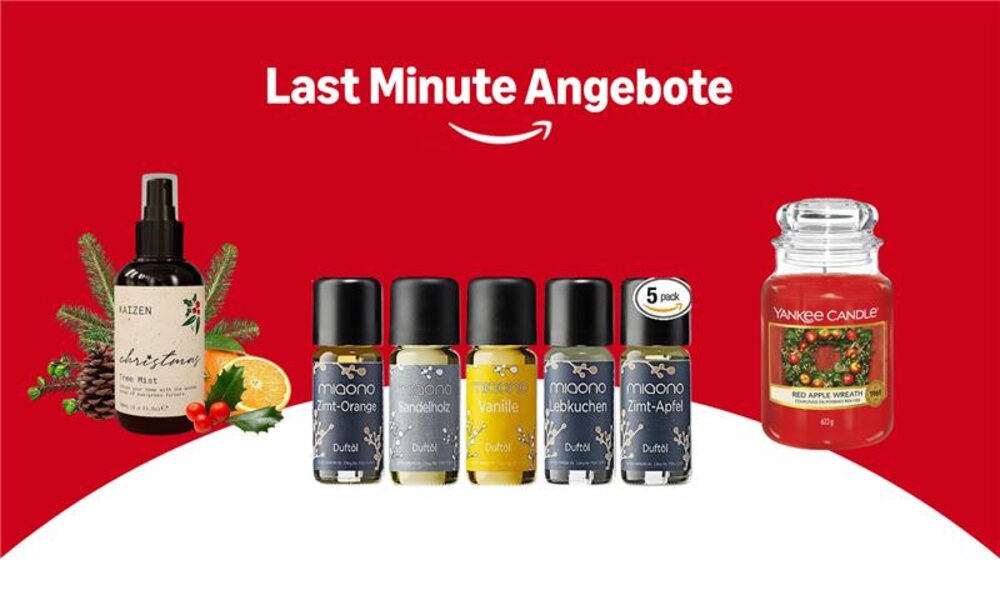 ein roter hintergrund mit  oben weißer schrift die sagt: Last Minute Angebote, 3 verschiedene Produkte sind darunter von Amazon, ein Duftspray links, in der Mitte sind Duftöle und rechts ist eine große Yankee Candle Kerze  | © Amazon