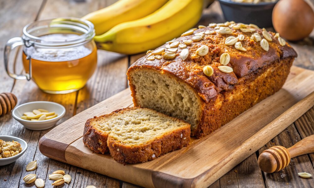 Ein angeschnittenes Bananenbrot auf einem Holzbrett, mit Haferflocken bestreut. | © Adobe Stock / Olga / mit KI generiert