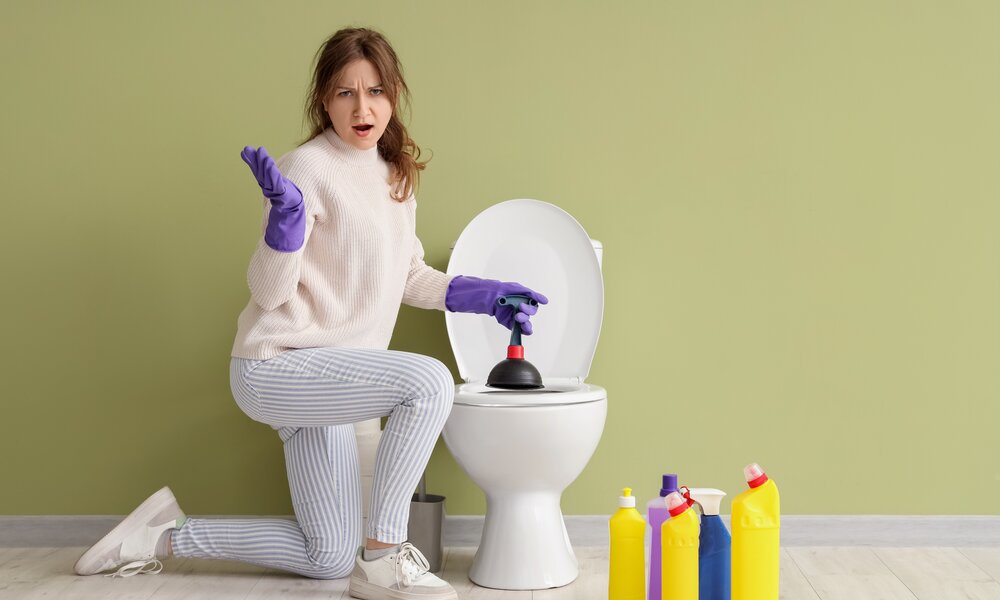 unge Frau mit braunem Haar und lila Gummihandschuhen kniet genervt vor einer Toilette mit Pümpel in der Hand, daneben Putzmittel. | © Adobe Stock/ Pixel-Shot