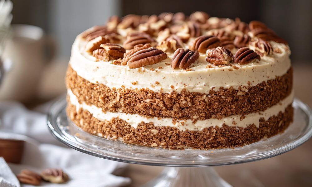 Schichttorte bestehend aus Nussanteil und Cremeanteil, belegt on top mit ganzen Pacanüssen. | © Adobe Stock / Yusif / mit KI generiert