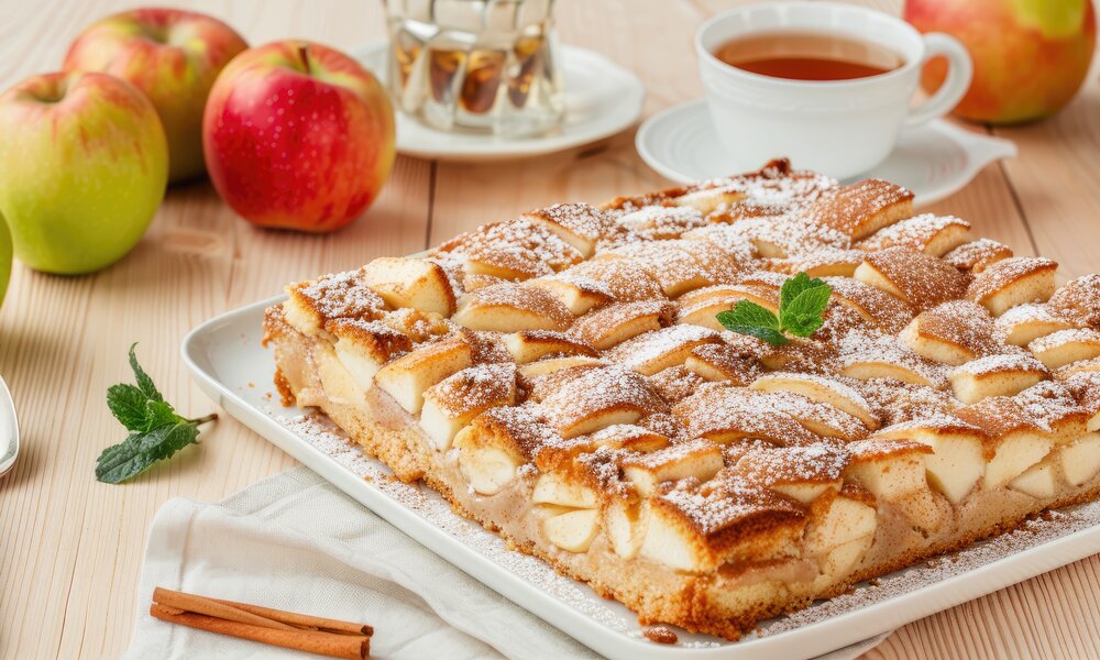 Blechkuchen mit Apfelstücken auf einem weißen Teller angerichtet, daneben frische Äpfel und eine Tasse Tee. | © Adobe Stock /  lililia / KI generiert