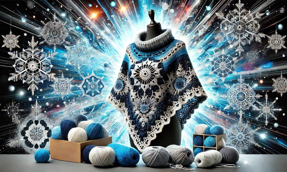Eine schwarze Schneiderpuppe trägt ein blau-weißes Häkelponcho mit Schneeflockenmotiv, umgeben von leuchtenden Eiskristallen vor funkelndem Hintergrund. | © Sabrina Forst / KI-generiert