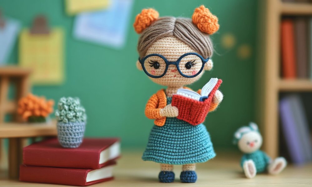 Süße Amigurumi-Figur mit blauer Schürze liest ein Buch, daneben ein gestricktes Stofftier und rote Bücher auf einem Tisch. | © Phunnada/stock.adobe.com/Generiert mit KI