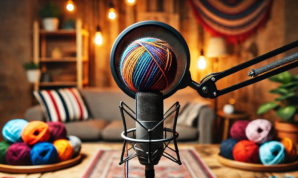 Großaufnahme eines Studio-Mikrofons mit farbenfrohem Wollknäuel, im Hintergrund eine Couch, Pflanzen und dekorative Lichter. | © Sabrina Forst / KI generiert