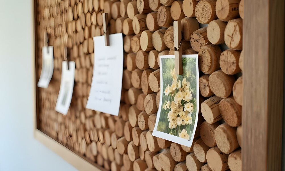 Eine Pinnwand aus Weinkorken mit Notizen und einem Foto gelber Blumen, befestigt mit Holzklammern. | © sarahsophie /stock.adobe.com / generiert mit KI