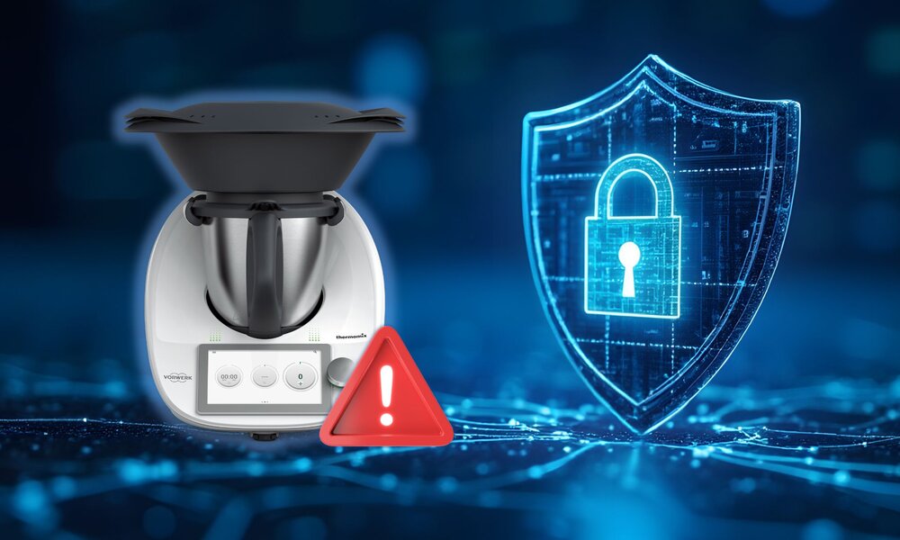 Symbolische Darstellung eines Sicherheitsproblems: Thermomix mit Warnzeichen neben einem digitalen Schloss auf dunklem Hintergrund. | © Adobe Stock/ igor.nazlo/ dekzer007/ Vorwerk