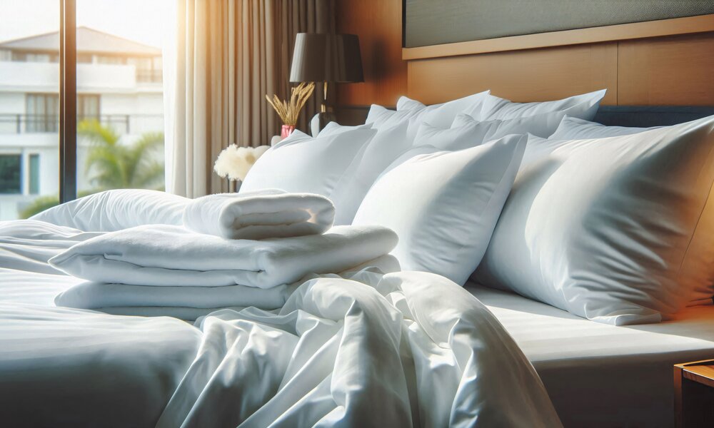 Weiße bettwäsche auf einem braunen Holzbett, ganz viele weiße Kissen an der Wand, gemachtes Bett, Bettwäsche die nicht bezogen ist liegt ordentlich auf dem Bett | © Adobe Stock/fotoak80