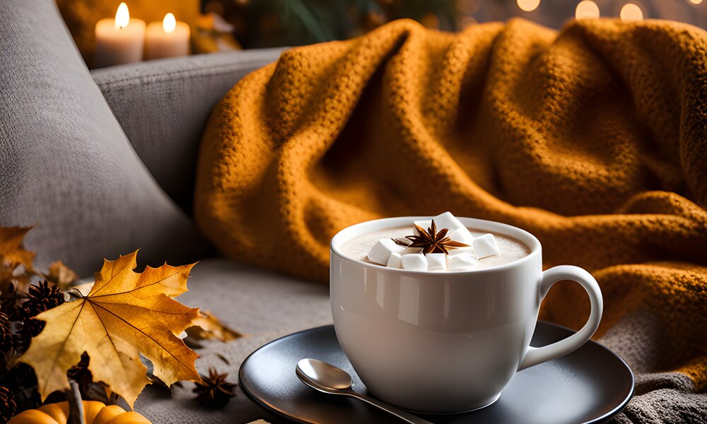 Graue Couch, auf ihr liegt orangene Kuscheldecke. Davor ein Tisch mit Kakao und Snacks. Sehr gemütlich | © Adobe Stock/Hanna