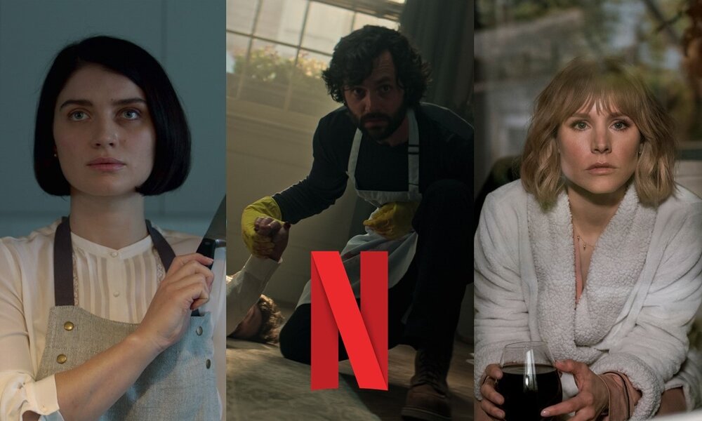 Collage: beste Netflix-Thriller-Serien mit Cover-Bildern von "Sie weiß von dir", "You" und "The Woman in the House Across the Street from the Girl in the Window". | © Fotos & Logo: Netflix , Collage: Hörzu.de
