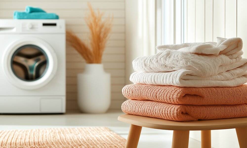 Ein Waschraum im Haus, rechts vorne holzhocker mit handtüchern gefaltet, links hinten waschmaschine weiß | © Adobe Stock/Cedric