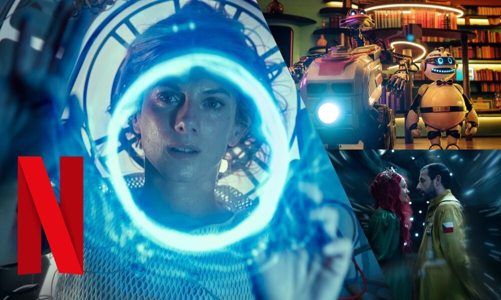 Collage: beste Sci-Fi-Filme auf Netflix mit Covern von „Oxygen“ (l.), „BigBug“ und „Spaceman“. | © Fotos & Logo: Netflix , Collage: Hörzu.de