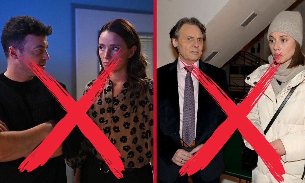 Eine Szene von AWZ und eine Szene von GZSZ sind mit roten Kreuzen durchgestrichen. | © RTL / Julia Feldhagen (AWZ) + RTL / Rolf Baumgartner (GZSZ) / Canva