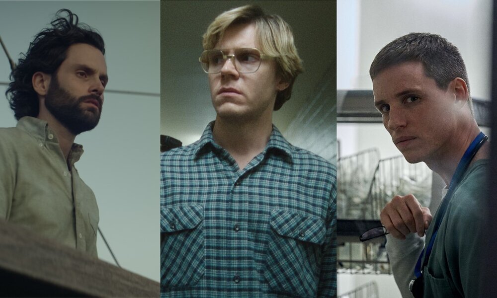 Bilder aus Serienkiller-Filmen und Serien, zu sehen: Penn Badgley als Joe in "You", Evan Peters als Jeffrey Dahmer in "Monster" und Eddie Redmayne als Charles Cullen in "The Good Nurse". | © Bilder: Netflix / Collage: Hörzu.de