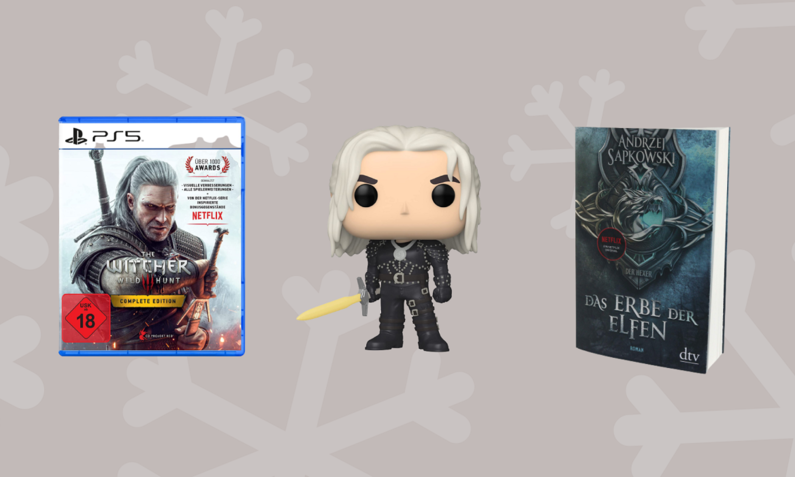 "The Witcher 3" Videospiel, Pop!-Puppe von Geralt und Buch "Das ERbe der Elfen" nebeneinander | © Amazon