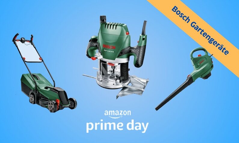 Verschiedene Bosch-Produkte wie Rasenmäher und Fräsen nebeneinander | © Amazon