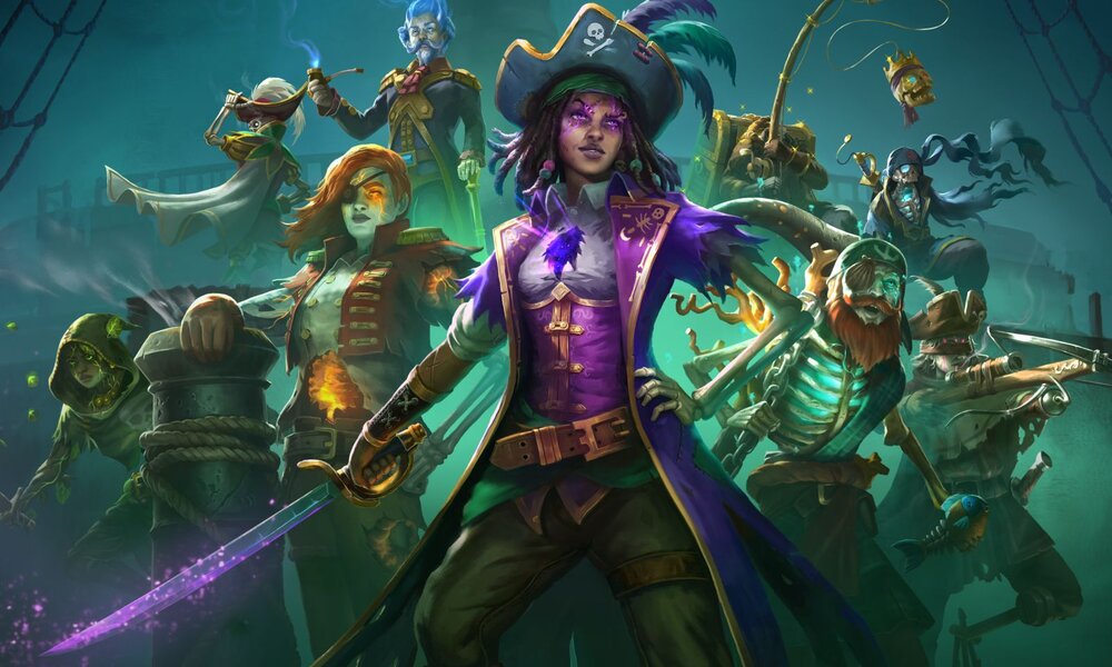 Verschiedene untote Piraten in einem Gruppenbild, vorn ist die Heldin Afia in lila Kleidung, der Rest der Crew verteilt sich links und rechts von ihr., | © Mimimi Games