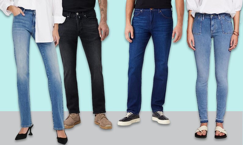 Jeans verschiedener großer Hersteller in Männer- und Frauenbeinen | © Amazon