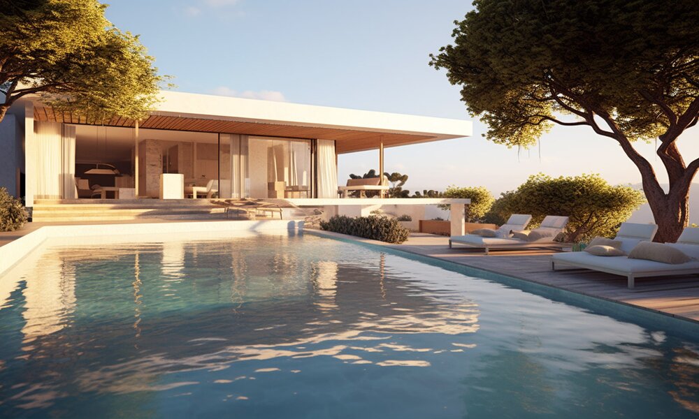 Ein idyllisches, modernes Haus am Meer mit Infinity Pool und alten Bäumen, von der Sonne beschienen | © Erstellt mit Midjourney/Katharina Happ