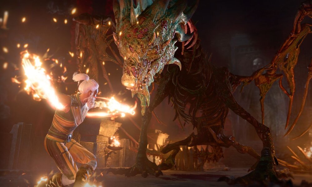 Ein Zwergenmagier kämpft gegen einen untoten Drachen, der nach ihm schnappt. | © Larian Studios