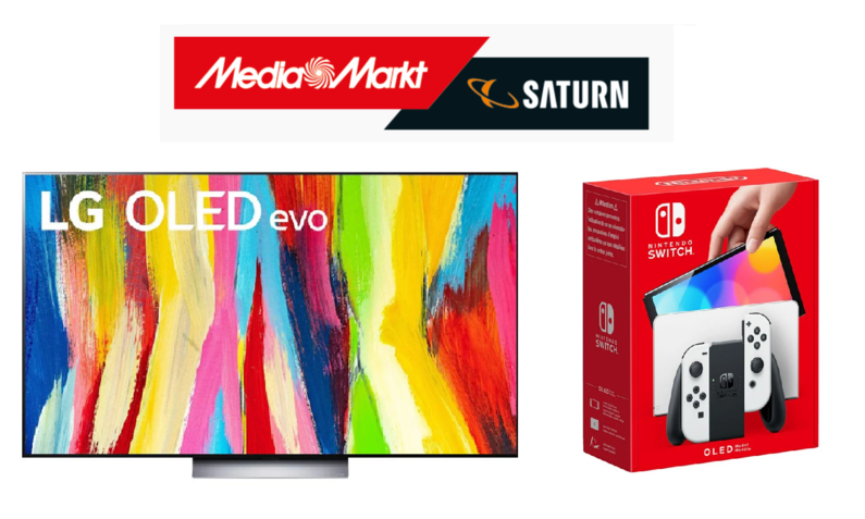 LG 65 Zoll Fernseher, daneben eine Nintendo Switch OLED | © Amazon