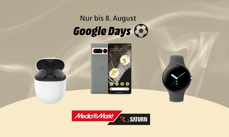Google Pixel 7, Pixel Ear Buds und Smartwatch nebeneinander | © Media Markt