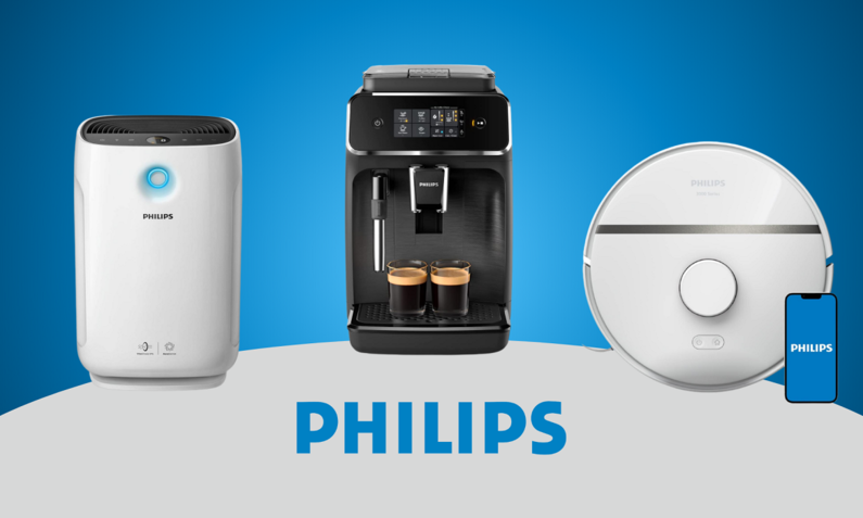 Philips Entfeuchter, Kaffeemaschine und Saugroboter nebeneinander | © Amazon