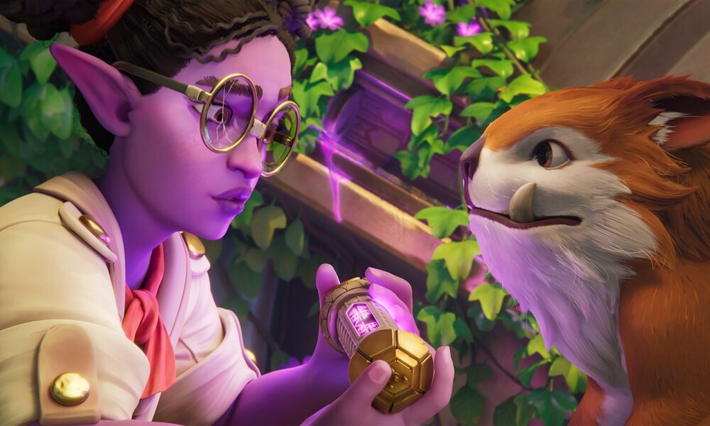 Eine Elfe mit violetter Haut und Brille spielt mit einem seltsam aussehenden Tier mit organgefarbenem Fell. | © Singularity 6 Corporation