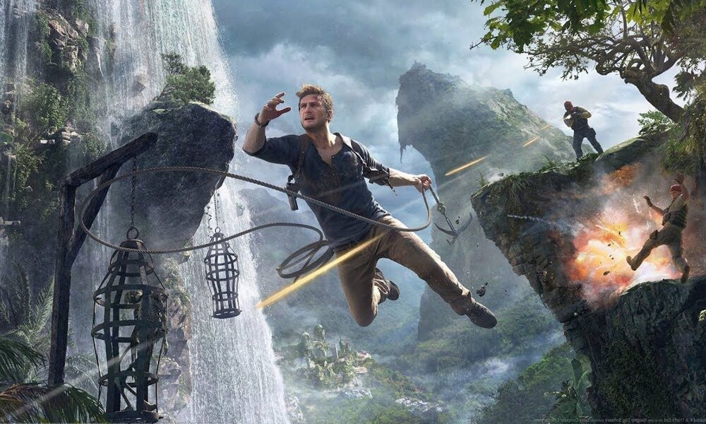 Nathan Drake hängt an einem Seil im Sprung, während rechts von ihm bewaffnete Männer das Feuer eröffnen. | © Sony