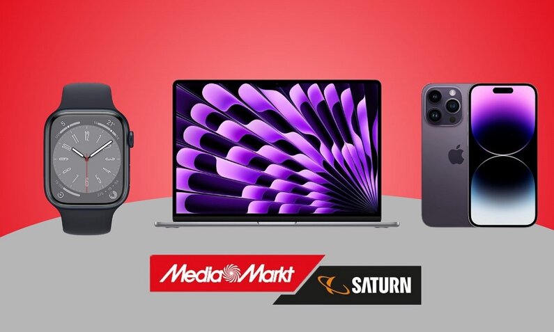 Apple Watch, MacBook und iPhone in schwarz nebeneinander | © Media Markt/Saturn