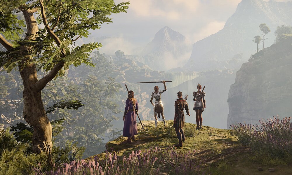 Eine Gruppe von Fantasy-Helden, mit dem Rücken zum Betrachter, genießen den Ausblick über ein sonnenbeschienenes Tal. | © Larian Studios