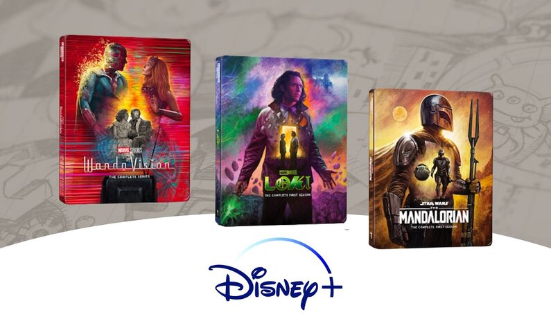 Die Steelbooks von „Loki“, „WandaVision“ und „The Mandalorian“ nebeneinander | © Disney Plus