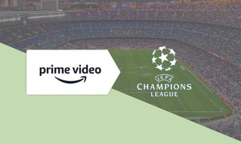 Logo von Prime Video und der Champions League vor Fußball-Hintergrund | © Amazon