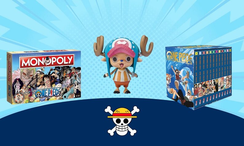 One Piece Monopoly, One Piece Figur und One Piece Sammelschuber nebeneinander | © Amazon