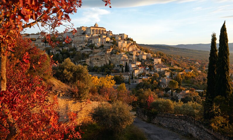  Herbstliche Weinberge in der Provence mit alten Gebäuden im Hintergrund | ©  Getty Images / thelinke
