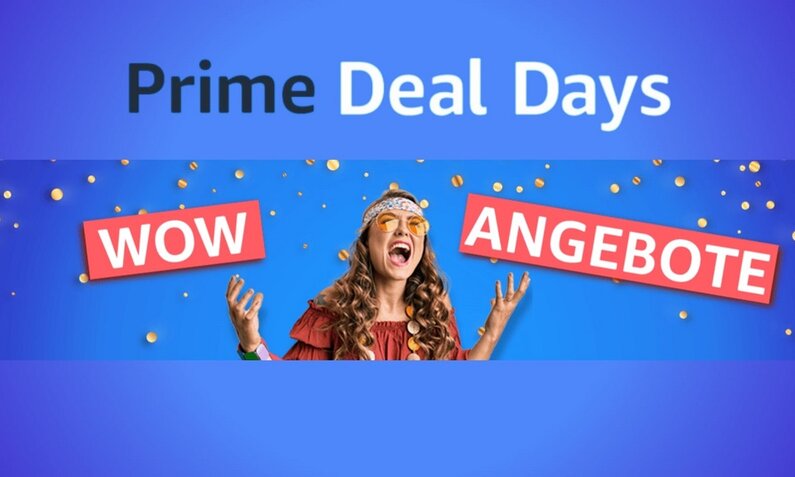 Logo von Amazon Prime Day mit dem WOW-Schriftzug und einer jubelnden Frau | © Amazon