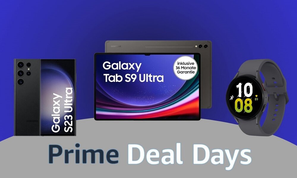 Samsung Galaxy S23 Ultra, Galaxy Tab S9 und Galaxy Watch4 nebeneinander | © Amazon