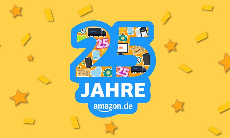 Amazon Logo für 25 Jahre auf gelbem Hintergraund | © Amazon