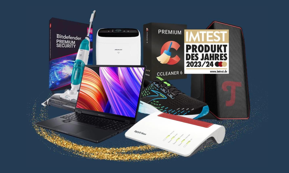 Viele verschiedene angesagte Technik-Produkte und das Logo für den IMTEST Award 2023 | © IMTEST
