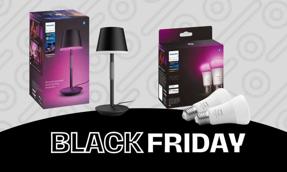 Philips Hue Glühbirnen und Stehlampe in schwarz und lila | © Amazon