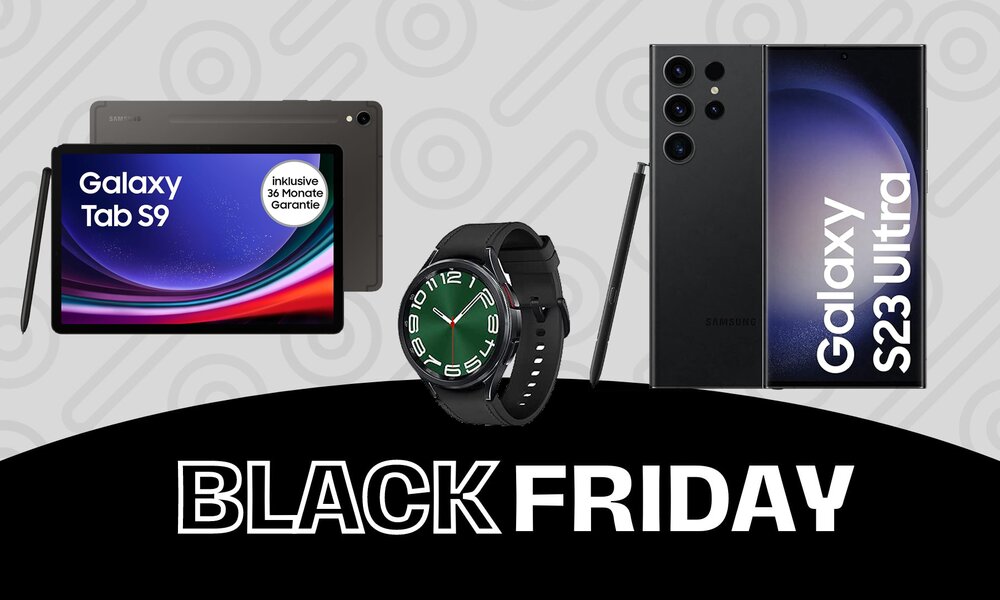 Samsung Galaxy Tab s9, Galaxy Watch6 und Galaxy S23 Ultra, alle in Schwarz | © Amazon