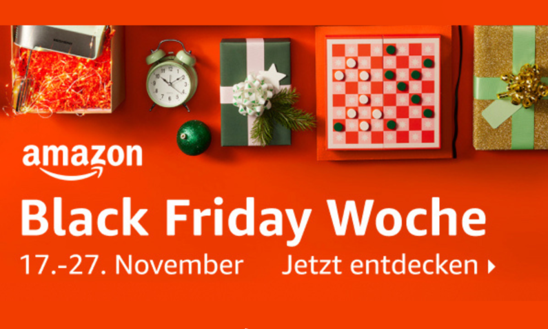 Bild mit dem Schriftzug Black Friday Woche, Logo von Amazon, genaues Datum und mehreren verpackten Geschenken. | © Amazon