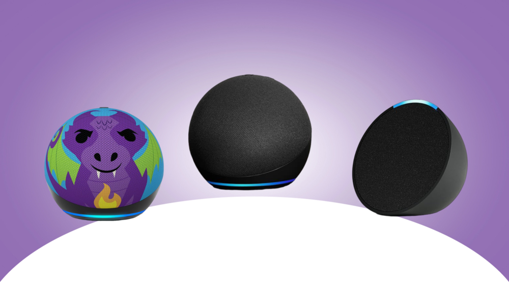 Amazon Echo Dot, Echo Dot Kids und Echo Pop-Lautsprecher nebeneinander | © Amazon