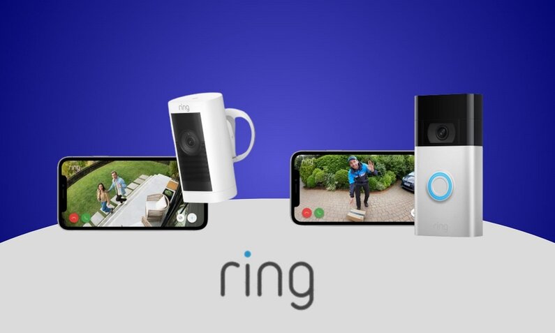Smarte Überwachungskamera und Türklingel von Amazon Ring, deren Bild wird auf einem Smartphone angezeigt | © Amazon