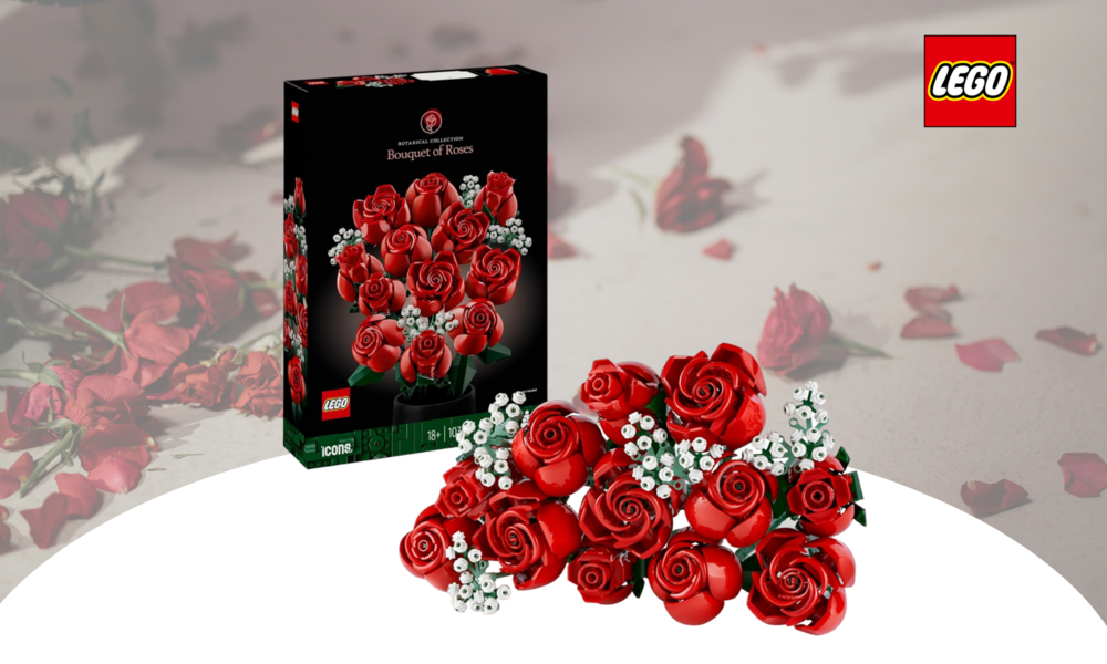 Rote Rosen in Lego-Form, daneben die schwarze Verpackung | © Amazon