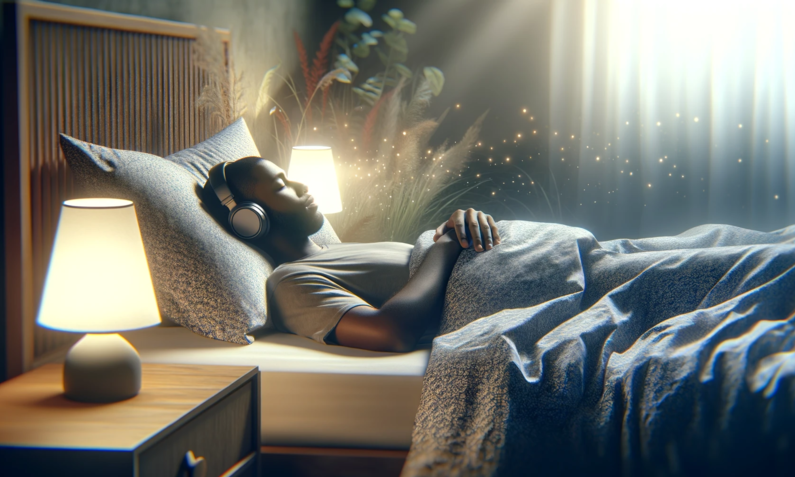 Ein Mann liegt mit Kopfhörern im Bett | © Sabrina Forst / KI generiert