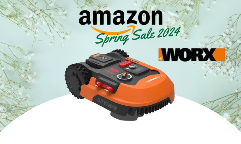 Worx Landroid Mähroboter vor osterlichem Hintergrund mit dem Amazon-Logo | © Amazon